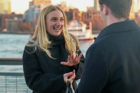 happy woman talks to a man