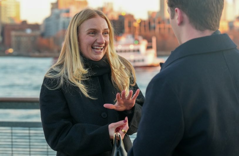 happy woman talks to a man